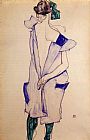 Standing Canvas Paintings - Standing Girl in a Blue Dress and Green Stockings Back View
